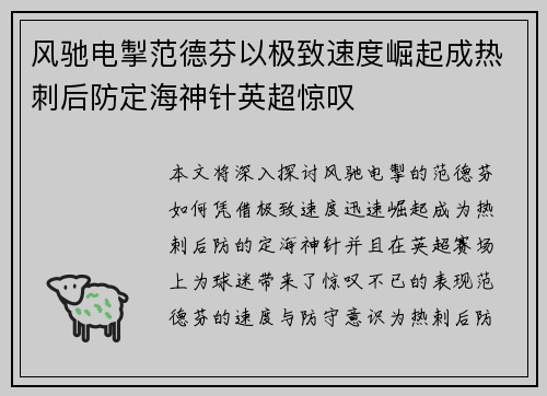 风驰电掣范德芬以极致速度崛起成热刺后防定海神针英超惊叹